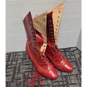 VTG Custom Red Leather Lace & Hook Tall Boots Kitten Heel Unique Sz 10